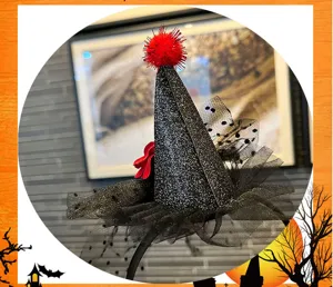 Halloween witch hat headband with black glitter cone and red pom pom for party dress up cosplay