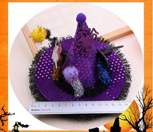 Detailed view of purple sequin Halloween witch hat decor with spider and ghost spooky accents.