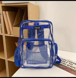 Διαφανές αδιάβροχο σακίδιο PVC casual σχολική τσάντα με μπροστινή θήκη από μπλε δίχτυ