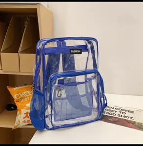 Αδιάβροχη διαφανής τσάντα πλάτης PVC για καθημερινή χρήση, ταξίδια, σχολείο, μπλε σχεδιασμός.