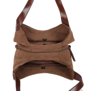 Mehrfächer Canvas Umhängetasche Shopper lässige Vintage braune Handtasche für Damen Hauptansicht