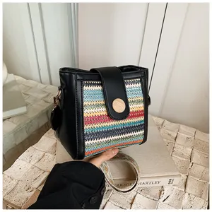 Women woven bucket bag PU leather crossbody bag stylish wide strap shoulder handbag casual