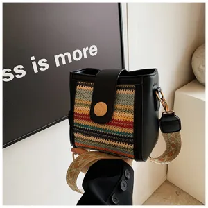 Fashion woven bucket shoulder bag for women with wide strap and stylish modern design.