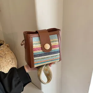 Women Fashion Woven Bucket Bag PU Leather Ethnic Wide Strap Crossbody Shoulder Bag Stylish Daily Casual Carry Bag