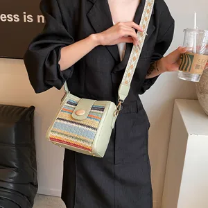 Fashionable women woven crossbody bucket bag with wide strap casual stylish shoulder bag