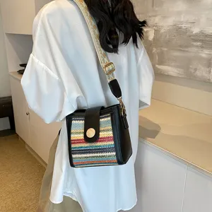 Fashionable woven bucket shoulder bag with wide strap for women casual crossbody handbag main view
