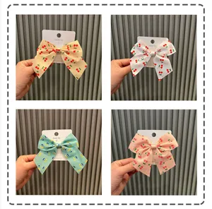 Cute cherry print bow hair clips for kids, sweet fabric hair accessories set, 4 colors.