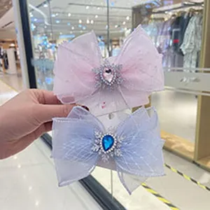 Kinder Mesh Doppel Schleife Haarklammern mit Strass Schneeflocke und farbigem Kristall fur Madchen
