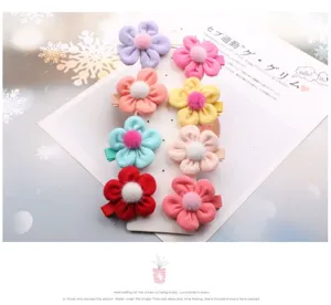 Kinder süße fünf Blüten Stoff Blumen Haarspangen Set mit flauschigen Pompon Entenschnabel Clip