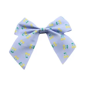 Cute cherry bow hair clip for kids, light blue fabric hair accessory for sweet girls daily styling.