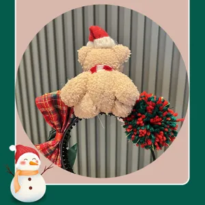 Christmas plush bear headband with plaid bow and pom-pom for girls winter holiday hair accessory