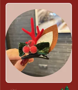 Christmas reindeer antlers hair clip with red berries, green velvet bow and cute deer ears.