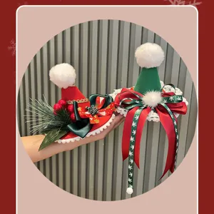 Christmas mini hat hair hoop detail view, festive red and green hair accessories for girls.