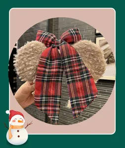 Plush mouse ear headband with red plaid bow, cute winter hair hoop for Christmas children