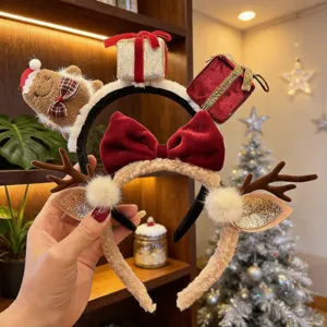 Christmas Gingerbread Man Headband For Women Kids Reindeer Antlers Velvet Bow Gift Box Decor Hair Hoop Holiday Party Accessory