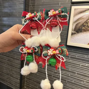 Christmas children hair clips set with red green bows, bells, pearls and plush balls.