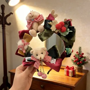 Cute Christmas Hair Band Plush Bear Antler Bowknot Hair Clip Vintage Xmas Headband Festive Party Accessories For Kids Girls Gift