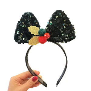 Christmas black sequin bow headband for girls, festive holiday hair accessories for party wear.