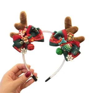 Christmas deer antler headband with red green ribbon bow and bells for girls holiday wear.