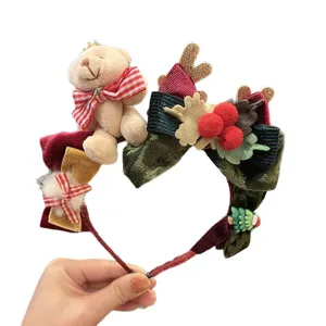 Christmas teddy bear headband cute velvet bow antlers hair hoops for girls holiday party styling