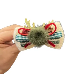 Christmas reindeer antlers hair clip, cute fuzzy pom pom bow hair accessory for kids girls.