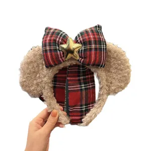 Cute plush mouse ears headband with red plaid bow and gold star for women and kids.