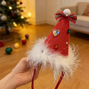 Christmas Red Hat Headband Plaid Bow Rhinestone Hair Accessory Kids Festival Photography Hair Clip Party Headwear