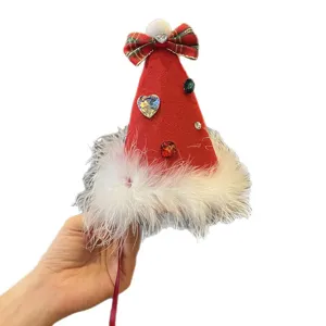 Festive mini red Christmas hat headband with plaid bow rhinestones and fluffy feathers for girls.