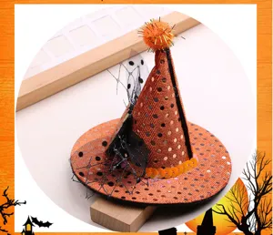Halloween witch hat hair clip accessory, orange sequin dot hair decoration for kids DIY.