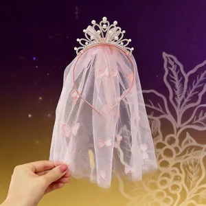 Girl Princess Crown Hairband Mesh Veil With Butterfly Bows Rhinestone Pearl Hair Clips Birthday Stage Party Hair Accessories