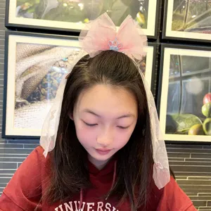 Children pink mesh bow crown veil headband sweet cute birthday party hair accessory for girls