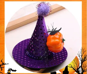 Halloween DIY mini witch hat hairpin accessory with purple sequin and cute pumpkin decor.