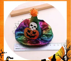 DIY Halloween mini witch hat with pumpkin and skull accessories for kids hair clip making.