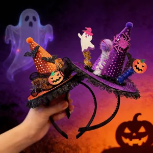 Halloween Witch Hat Headband Wizard Hat Hairband With Pumpkin Skull Bat Lace For Girls Women Party Costume Accessories