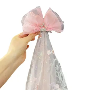 Kids crown hair bow veil clip sweet girls mesh headband birthday party hair accessories