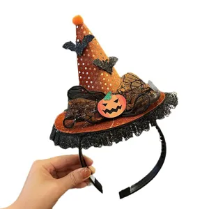 Halloween witch hat headband with pumpkin and bat decorations for festive party costume