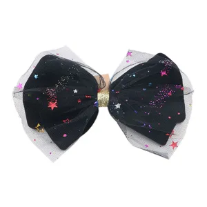 Fermaglio per capelli con fiocco in tulle nero di Halloween e stelle colorate e glitter.