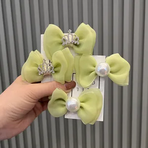 Barrettes Cheveux Nœud Papillon en Maille pour Filles Style Princesse Coréenne Couronne Étoile Strass Élastiques Cheveux Accessoires Enfants