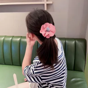 Coletero de flor de tela a cuadros rojo y blanco cuerda de pelo japonesa linda para diario.