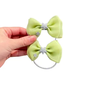 Chouchou nœud en tulle vert pour enfants avec décorations d'étoiles scintillantes, accessoire.