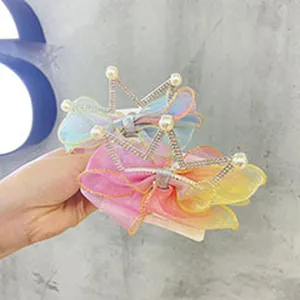 Mädchen doppelter Mesh Schleife Haarklammer süße Kristallkrone Kinder Haarschmuck Detail