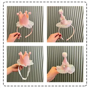 Cute princess pink birthday hat headband with mesh and pearls for adorable baby girls detail
