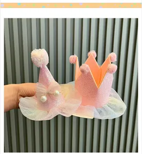 Cute pink glitter birthday party hats set with tulle pearls and crown for kids hair decor