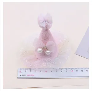Pink gradient mesh birthday party hat hair accessory with cute pearl decoration for kids.
