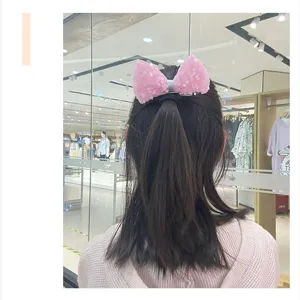 Cute pink sequin bow hair clip for kids glitter mesh princess hair accessories for girls