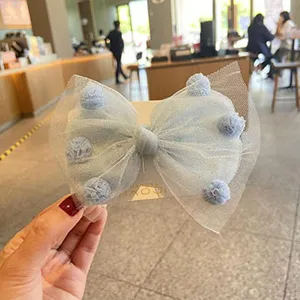 Fermaglio per capelli fiocco rete blu bambina grazioso fermaglio pon pon soffice ogni giorno
