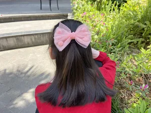 Graziosa molletta per capelli con fiocco in tulle rosa per ragazze, con pompon, accessorio.