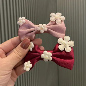 Handgefertigte Kinder Stoff Schleife Haarspange Süße Prinzessin Stil Haarnadel Mit Künstliche Perle Blume Für Mädchen