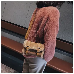 Stylish women's fluffy plush shoulder bag brown suede crossbody bag for winter fashion