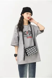 Sac bandoulière boîte à carreaux noir et blanc pour hommes et femmes, sac élégant et décontracté.